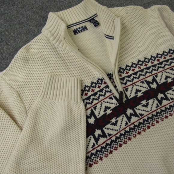 Izod Other - IZOD Sweater Mens XL White 1/4 Zip Mock‎ Neck Fair Isle Pullover Waffle Knit Ski